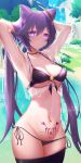  1girl absurdres adjusting_hair armpits arms_behind_head arms_up bikini blush cowboy_shot double_bun genshin_impact hair_ears hands_in_hair highres keqing long_hair looking_at_viewer navel_piercing outdoors piercing purple_bikini purple_eyes purple_hair see-through side-tie_bikini solo swimsuit twintails very_long_hair wet xing_jun 