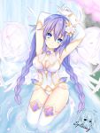  1girl angel_wings armpits blue_eyes braid breasts cleavage closed_mouth elbow_gloves eyebrows_visible_through_hair feathered_wings feathers flower four_goddesses_online:_cyber_dimension_neptune gloves hair_between_eyes hair_flower hair_ornament highres long_hair looking_at_viewer medium_breasts neptune_(series) petals power_symbol purple_hair purple_heart smile solo spleeny symbol-shaped_pupils thighhighs twin_braids very_long_hair water white_gloves white_legwear wings 