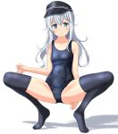  1girl absurdres anchor_symbol black_headwear black_legwear blue_eyes blue_swimsuit commentary_request flat_cap full_body hat hibiki_(kantai_collection) highres kantai_collection long_hair looking_at_viewer old_school_swimsuit parted_lips school_swimsuit silver_hair simple_background solo squatting swimsuit takafumi thighhighs white_background 