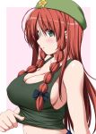 1girl :o antenna_hair bangs bare_shoulders border braid breasts cleavage collarbone covered_nipples from_side green_eyes green_headwear green_tank_top hair_between_eyes hat_ornament highres hong_meiling large_breasts long_hair looking_at_viewer midriff navel nori_tamago outside_border parted_lips pink_background pulled_by_self red_hair shirt_grab side_braids sideboob simple_background solo star_(symbol) star_hat_ornament tank_top touhou twin_braids upper_body very_long_hair white_border 