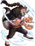  1boy abs animal_costume animal_ears black_pants brown_hair fighting_stance fingernails foxvulpine full_body jacket jyabura long_hair male_focus muscle official_style one_piece open_clothes open_jacket open_pants pants ponytail sharp_fingernails smile tail teeth wolf_boy wolf_costume wolf_ears wolf_tail 