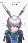  1girl amiya_(arknights) animal_ears arknights bangs black_jacket blue_eyes blue_neckwear blush brown_hair bunny_ears closed_mouth commentary_request flying_sweatdrops green_jacket hair_between_eyes highres jacket long_hair long_sleeves looking_at_viewer multicolored_hair seia_(tikxxx) shiny shiny_hair short_hair simple_background solo white_background 