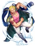  1boy bare_arms bellamy bellamy_pirates blonde_hair covered_abs donquixote_family fighting_stance foxvulpine full_body grin jacket looking_at_viewer male_focus muscle one_piece open_clothes open_jacket pants pectorals pink_tank_top short_hair shoulder_tattoo smile solo spring_(object) tank_top tattoo tongue tongue_out white_background white_pants 