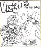 2boys :d anniversary bald belt bodysuit cape fighting_stance genos greyscale highres looking_at_viewer monochrome multiple_boys murata_yuusuke official_art one-punch_man open_mouth parted_lips punching saitama_(one-punch_man) scan short_hair signature smile traditional_media 