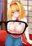  1girl :o alice_margatroid arm_support bangs blonde_hair blue_bow blue_dress blue_eyes blush bow bowtie breasts capelet commentary_request cowboy_shot dress elbow_gloves frills gloves hair_between_eyes hairband head_tilt highres large_breasts looking_at_viewer navel nipples parted_lips red_bow red_hairband red_neckwear red_sash sash short_hair sitting solo tksand touhou wall white_capelet white_gloves window x-ray_glasses x-ray_vision 