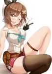  1girl ;d atelier_(series) atelier_ryza atelier_ryza_2 belt beret black_gloves black_legwear blush breasts brown_belt brown_hair cleavage collarbone commentary_request eyebrows_visible_through_hair fingerless_gloves gloves hat highres kibihimi leg_belt looking_at_viewer medium_breasts one_eye_closed open_mouth red_shorts reisalin_stout short_hair short_shorts shorts simple_background single_thighhigh sitting smile solo thighhighs v white_background white_headwear yellow_eyes 
