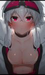  1girl absurdres bandeau black_choker blush breasts choker cleavage fur_trim goggles goggles_on_head hair_between_eyes highres jacket looking_at_viewer medium_breasts midriff navel niwamaru niwarizumu original pink_eyes short_hair_with_long_locks solo upper_body white_hair 