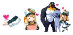  &gt;_&lt; 1girl :d band_uniform bird broguin closed_eyes detached_sleeves dress emperor_penguin hat heart height_difference highres holding holding_needle knitting knitting_needle multiple_views muscular needle official_art pengin_pina penguin prism_project rinotuna sailor_dress scarf shako_cap smile thighhighs virtual_youtuber xd yarn 