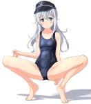  1girl absurdres anchor_symbol black_headwear blue_eyes blue_swimsuit flat_cap full_body hat hibiki_(kantai_collection) highres kantai_collection long_hair looking_at_viewer old_school_swimsuit parted_lips school_swimsuit silver_hair simple_background solo squatting swimsuit takafumi white_background 