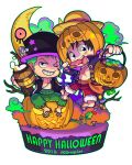  2016 2boys chibi earrings english_text foxvulpine green_hair green_pants halloween halloween_costume hat head_tilt holding_jack-o&#039;-lantern jack-o&#039;-lantern jewelry male_focus monkey_d_luffy multiple_boys one_piece pants red_shorts roronoa_zoro scar scar_across_eye scar_on_chest short_hair shorts smile straw_hat thriller_bark 