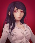  1girl breasts closed_mouth english_commentary glasses highres kamishiro_rize lipstick long_hair looking_at_viewer makeup miura-n315 purple_hair red_eyes semi-rimless_eyewear shirt simple_background solo tokyo_ghoul 