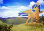  2017 ambiguous_gender day detailed_background digital_media_(artwork) equid equine feathers feral fur grass green_eyes hasbro hi_res mammal my_little_pony orange_body orange_feathers orange_fur outside pegasus reysi sky smile solo standing wings 
