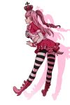  1girl black_eyes breasts capelet crown drill_hair floating foxvulpine from_behind fur-trimmed_capelet fur_trim long_hair looking_to_the_side makeup midriff one_piece pantyhose perona pink_hair solo striped striped_legwear thighhighs twintails 