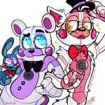  1:1 animatronic anthro blue_body blue_eyes blue_fur blue_inner_ear bow_tie button_(fastener) canid canine clothing fingers five_nights_at_freddy&#039;s fox funtime_foxy_(fnafsl) funtime_freddy_(fnafsl) fur half-closed_eyes hat headgear headwear inner_ear_fluff kinoselynn lagomorph leporid lipstick machine makeup male mammal narrowed_eyes pink_body pink_eyes pink_inner_ear puppet_bonnie_(fnafsl) purple_body purple_cheeks purple_inner_ear rabbit red_cheeks robot sister_location speaker tuft ursid video_games white_body white_fur yellow_eyes 