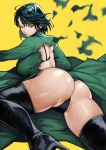  1girl absurdres ass black_panties breasts commentary_request dress from_behind fubuki_(one-punch_man) green_dress green_eyes highres large_breasts long_hair looking_at_viewer looking_back one-punch_man panties shiny shiny_hair shiny_skin simple_background solo torn_clothes torn_dress underwear yellow_background yoshio_(55level) 