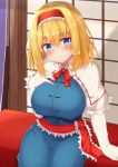  1girl :o alice_margatroid arm_support bangs blonde_hair blue_dress blue_eyes blush bow bowtie breasts capelet commentary_request cowboy_shot dress elbow_gloves gloves hair_between_eyes hairband head_tilt highres large_breasts looking_at_viewer parted_lips red_bow red_hairband red_neckwear red_sash sash short_hair sitting solo tksand touhou wall white_capelet white_gloves window 