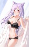  1girl bangs black_bra black_panties blush bra braid braided_bangs breasts double_bun eyebrows_visible_through_hair frilled_bra frilled_panties frills genshin_impact hair_down keqing long_hair medium_breasts panties pink_eyes purple_hair smile solo underwear yumaomi 