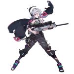  1girl bangs belt breasts cleavage closed_mouth damaged fingerless_gloves full_body girls_frontline gloves gun hair_between_eyes holding holding_gun holding_weapon jacket looking_away medium_hair official_art one_eye_closed pants purple_eyes rifle scope shirt shoes shuzi silver_hair single_glove sl8_(girls_frontline) smile sneakers sniper_rifle solo standing teeth torn_clothes torn_jacket torn_pants torn_shirt torn_sleeves transparent_background weapon 