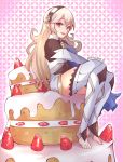  1340smile 1girl absurdres artist_name bangs barefoot black_hairband blonde_hair cake corrin_(fire_emblem) corrin_(fire_emblem)_(female) english_commentary eyebrows_visible_through_hair fire_emblem fire_emblem_fates food hairband happy_birthday highres long_hair looking_at_viewer open_mouth pointy_ears red_eyes sitting solo strawberry_shortcake thighhighs 