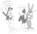 anatid animaniacs anseriform anthro avian bird bottomwear bugs_bunny carrot clothed clothing crossed_arms daffy_duck dialogue duck feathers food gloves group hands_over_mouth handwear hi_res holding_carrot holding_food holding_object holding_vegetable inkblot lagomorph leporid looney_tunes male mammal monochrome pants plant rabbit safetypinpals simple_background snickering speech_bubble teeth vegetable warner_brothers whiskers yakko_warner 