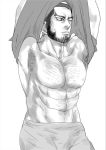  1boy abs arm_hair armpit_hair arms_up bara bare_pecs beard chest_hair facial_hair golden_kamuy hairy izurunet male_focus monochrome muscle navel_hair nipples pectoral_focus pectorals simple_background solo standing tanigaki_genjirou undressing white_background 