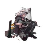  1girl alternate_costume assault_rifle black_gloves blood blood_on_face boots breasts camouflage camouflage_jacket camouflage_pants choker commentary commentary_request damaged eyebrows_visible_through_hair eyewear_on_head fingerless_gloves girls_frontline gloves gun hair_between_eyes holding holding_weapon jacket looking_at_viewer medium_hair official_art pants purple_eyes rifle shuzi silver_hair sitting_on_floor sl8_(girls_frontline) solo transparent_background weapon 