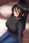  1girl bed black-framed_eyewear black_hair black_sweater blue_pants breasts brown_eyes denim from_above glasses huyumitsu jeans large_breasts long_hair long_sleeves on_bed original pants pillow sitting sitting_on_bed solo sweater 