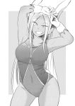  1girl animal_ears arms_up bangs boku_no_hero_academia breasts bunny_ears bunny_tail commentary_request dark_skin dark_skinned_female eyebrows_visible_through_hair gloves greyscale grin highres long_hair looking_at_viewer mirko monochrome nstime23 one-piece_swimsuit own_hands_together parted_bangs sidelocks smile solo stretch swimsuit tail thighs 