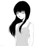  1girl breasts closed_mouth english_commentary expressionless greyscale hitsuji_no_uta long_hair looking_at_viewer miura-n315 mole mole_under_eye monochrome simple_background solo takashiro_chizuna 