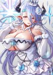 1girl bare_shoulders blue_hair blush breasts cleavage draph eyebrows_visible_through_hair flower gloves granblue_fantasy hair_between_eyes hair_flower hair_ornament hat highres himuro_shunsuke horns izmir large_breasts long_hair looking_at_viewer mole mole_under_mouth open_mouth pointy_ears red_eyes seductive_smile smile solo underboob very_long_hair white_gloves 