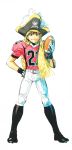  1boy :| absurdres ball belt black_headwear boots brown_eyes brown_hair closed_mouth eyeshield_21 football_(object) football_uniform full_body gloves hand_on_hip hand_up hat headband highres holding holding_ball kobayakawa_sena legs_apart looking_at_viewer male_focus murata_yuusuke official_art pants pink_shirt pirate_hat scarf shirt simple_background skull_and_crossbones smile solo sportswear standing traditional_media white_background white_gloves white_pants 