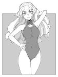  1girl arm_behind_head arm_up bangs closed_mouth commentary covered_navel cowboy_shot eyebrows_visible_through_hair greyscale halterneck hand_in_hair hand_on_hip highres long_hair looking_at_viewer low-tied_long_hair monochrome navel no_hat no_headwear one-piece_swimsuit outside_border smile solo standing sunatoshi swimsuit touhou yakumo_yukari 