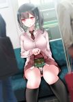 1girl :q ass_visible_through_thighs black_hair black_legwear blush breasts highres kneehighs lifted_by_self looking_at_viewer mole mole_under_eye necktie oouso original panties red_eyes side_ponytail sitting skirt skirt_lift smile solo solo_focus tongue tongue_out train_interior underwear 