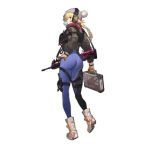 1girl alternate_costume ass assault_rifle beanie blonde_hair blue_eyes blue_legwear bodysuit bodysuit_under_clothes boots braid briefcase bubble_blowing bullpup chewing_gum dimples_of_venus from_behind full_body gebijiade_89 girls_frontline gloves gun hand_on_hip hat headphones holster jacket leggings long_hair looking_back official_alternate_costume official_art orange_gloves rifle single_braid solo standing thigh_holster transparent_background vest vhs-d2 vhs_(girls_frontline) weapon 