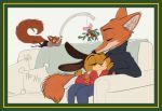 2020 anthro border brown_body brown_fur canid canine clothed clothing eyes_closed fox fully_clothed fur furniture green_border group lagomorph leporid mammal orange_body orange_fur qalcove qalcove_(character) rabbit rodent sciurid sitting smile sofa 