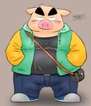  2020 anthro belly blush bottomwear clothing domestic_pig eyebrows hoodie kemono male mammal overweight overweight_anthro overweight_male pants shirt solo suid suina sus_(pig) thick_eyebrows topwear toshi_(artist) 