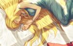  1girl bangs blonde_hair blue_dress blunt_bangs bracelet closed_eyes dress from_above guchico gundam gundam_tekketsu_no_orphans hair_spread_out jewelry jewelry_removed kudelia_aina_bernstein long_dress long_hair lying necklace necklace_removed on_side parted_lips solo very_long_hair 
