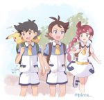  1girl 2boys :d alternate_costume antenna_hair arrow_(symbol) artist_name ash_ketchum backpack bag bangs black_hair blue_eyes braid braided_ponytail brown_bag brown_eyes brown_hair chloe_(pokemon) commentary_request dress eyelashes gen_1_pokemon goh_(pokemon) green_bag green_eyes hair_ornament highres holding_strap knees long_hair looking_to_the_side mei_(maysroom) multiple_boys open_mouth pikachu pokemon pokemon_(anime) pokemon_(creature) pokemon_swsh_(anime) red_hair short_hair short_sleeves shorts smile standing teeth tongue translation_request watermark white_dress 