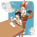  1boy 1girl animal_ears bare_shoulders black_hair blush book bow bowtie brown_hair brown_legwear brown_skirt bucket_hat captain_(kemono_friends) collared_shirt desk dhole_(kemono_friends) dog_ears dog_girl dog_tail eyebrows_visible_through_hair fake_animal_ears fake_tail hat hat_removed headwear_removed highres inset kemono_friends kemono_friends_3 multicolored_hair ookii_yama orange_eyes pen pleated_skirt shirt short_hair short_sleeves sitting skirt sleeveless sweatdrop tail thighhighs translation_request uniform white_hair white_neckwear zettai_ryouiki 