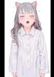  1girl animal_ear_fluff animal_ears blush cat_ears collared_shirt fang fkey grey_hair highres long_hair open_mouth original oversized_clothes pink_eyes shirt simple_background sleeves_past_wrists solo upper_body white_shirt 