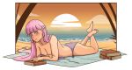  1girl archonaed ass beach bikini blush book braid breasts cleavage collarbone commission commissioner_upload embarrassed fire_emblem fire_emblem:_the_binding_blade fire_emblem_heroes french_braid highres long_hair looking_at_viewer lying medium_breasts ocean on_stomach purple_bikini purple_eyes purple_hair solo sophia_(fire_emblem) sunbathing sunset swimsuit the_pose very_long_hair 