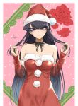  1girl bangs bare_shoulders black_eyes black_hair black_neckwear breasts christmas cleavage collarbone detached_sleeves dress flower fur-trimmed_dress fur-trimmed_headwear fur_trim hand_in_hair hat highres komi-san_wa_komyushou_desu komi_shouko lace light_blush long_hair long_sleeves looking_at_viewer medium_breasts merry_christmas mitsugu off-shoulder_dress off_shoulder pink_background red_dress red_flower red_headwear rose santa_costume santa_hat simple_background smile solo sparkle sparkle_background strapless strapless_dress very_long_hair 