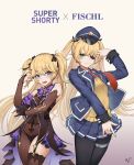 2girls alternate_costume ark_john_up bangs black_eyepatch black_nails black_ribbon blonde_hair blue_eyes blue_jacket blue_skirt blush commentary_request cosplay cowboy_shot fischl_(genshin_impact) fischl_(genshin_impact)_(cosplay) genshin_impact girls_frontline gradient gradient_background grey_background hair_ribbon hat height_difference jacket long_hair multiple_girls necktie open_clothes open_jacket open_mouth pantyhose pleated_skirt red_neckwear ribbon skirt smile super_shorty_(girls_frontline) super_shorty_(girls_frontline)_(cosplay) two_side_up 