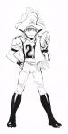  1boy :| absurdres ball belt boots closed_mouth eyeshield_21 football_(object) football_uniform full_body gloves greyscale hand_on_hip hand_up hat headband highres holding holding_ball kobayakawa_sena legs_apart looking_at_viewer male_focus monochrome murata_yuusuke official_art pants pirate_hat scarf shirt simple_background skull_and_crossbones smile solo sportswear standing traditional_media white_background 