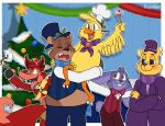  2020 anthro avian bird bonnie_(fnaf) bow_tie brown_body brown_fur buckteeth cake canid canine carrying chica_(fnaf) chicken christmas clothed clothing crossed_arms dessert eye_patch eyes_closed eyewear feathers five_nights_at_freddy&#039;s food fox foxy_(fnaf) freddy_(fnaf) fur galliform gallus_(genus) golden_freddy_(fnaf) happy hat headgear headwear hi_res holding_object holidays hook lagomorph leporid long_ears mammal mostly_nude notched_ear open_mouth open_smile outline penguinburgs phasianid purple_body purple_fur rabbit red_body red_fur scarf sharp_teeth slightly_chubby smile teeth tongue ursid video_games yellow_body yellow_feathers yellow_fur 