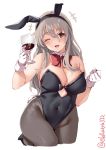  1girl alcohol animal_ears bare_shoulders bow bowtie breasts brown_eyes bunny_ears bunny_girl bunny_tail cleavage cowboy_shot cup detached_collar drinking_glass ebifurya gloves grey_hair highres kantai_collection large_breasts long_hair pantyhose pola_(kantai_collection) smile tail twitter_username wavy_hair white_background white_gloves wine wine_glass 