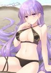  1girl absurdly_long_hair absurdres beach bikini black_bikini breasts cleavage collarbone commission commissioner_upload dated eyebrows_visible_through_hair fire_emblem fire_emblem:_the_binding_blade fujiwara_minaho hand_on_own_face highres huge_filesize large_breasts long_hair navel ocean purple_eyes purple_hair sand shore sitting smile solo sophia_(fire_emblem) swimsuit thigh_strap underboob very_long_hair water 