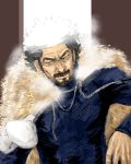  1boy beard black_hair cape facial_hair fur_cape golden_kamuy izurunet long_sleeves male_focus multicolored_hair mustache nihei_tetsuzou scar_on_forehead short_hair simple_background snowball solo two-tone_hair upper_body 