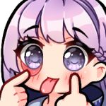  1girl achirimotedo akanbe bangs braid cloak commission commissioner_upload dress eyebrows_visible_through_hair fire_emblem fire_emblem:_the_binding_blade french_braid hands holding long_hair lowres middle_finger purple_eyes purple_hair smile sophia_(fire_emblem) tongue tongue_out 