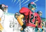  4boys aircraft airplane bandaid bandaid_on_nose blonde_hair blue_sky character_request condensation_trail day eyeshield_21 fighter_jet football football_helmet football_uniform gloves grin hand_on_hip helmet highres jet kobayakawa_sena military military_vehicle multiple_boys murata_yuusuke official_art open_mouth outdoors pants people red_shirt shirt shoulder_pads sky smile sportswear stadium standing white_gloves white_pants 